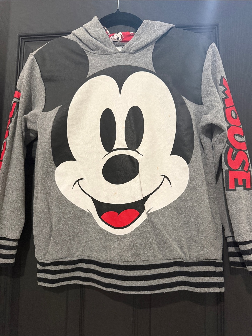 Disney Gray Mickey Mouse Hooded Sweatshirt with Red Accents